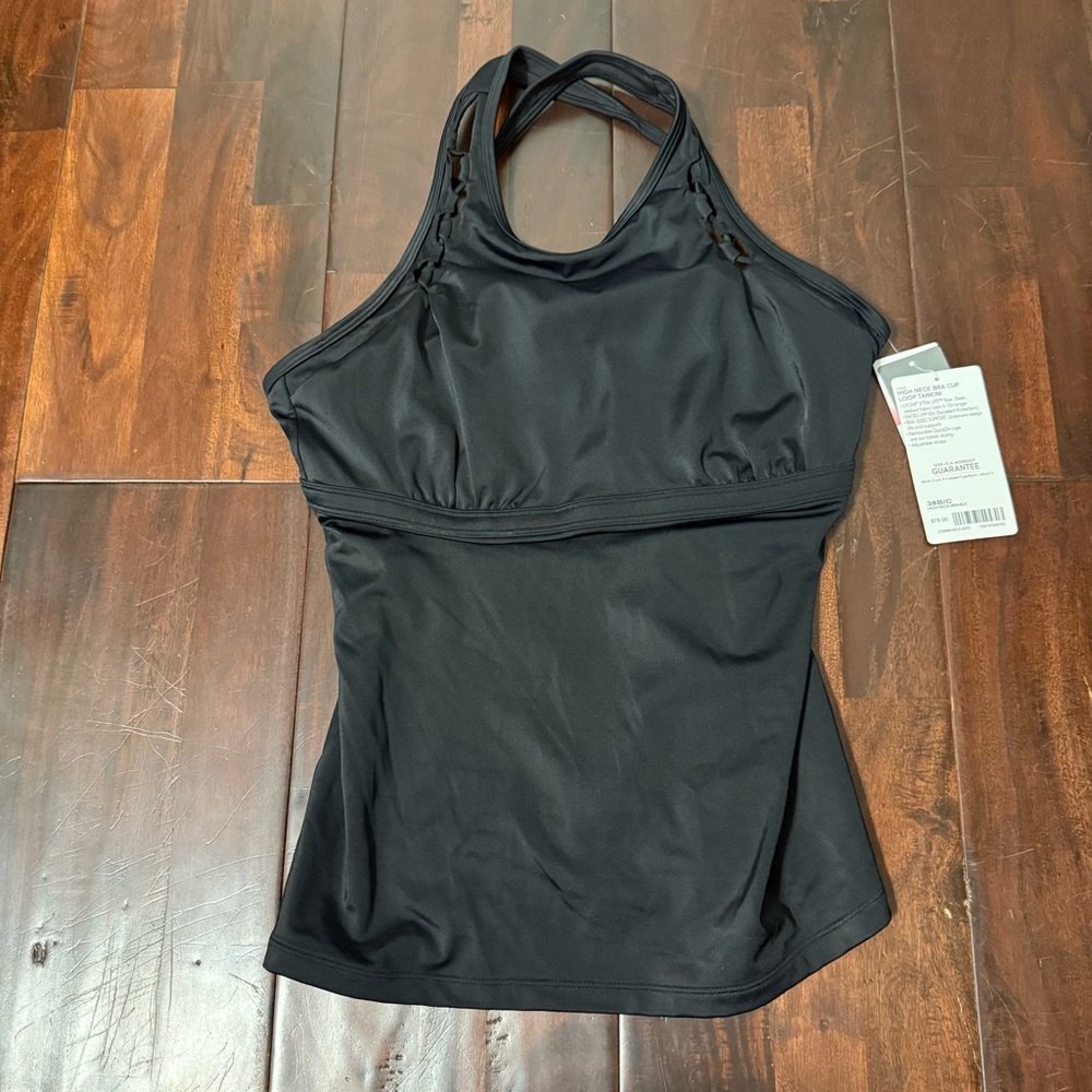 NWT Athleta High Neck Bra Cup Loop Tankini Top Black 38 B/C Swimwear
